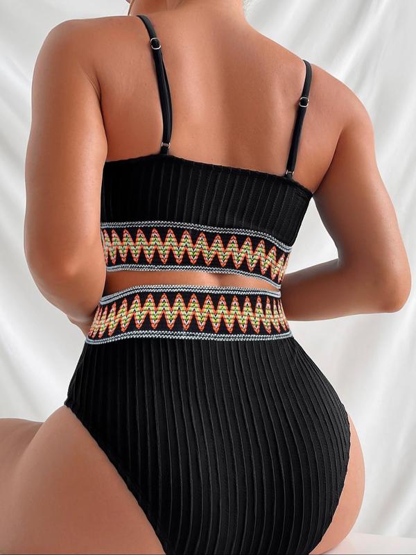 Two-Piece Set Women's Summer Sexy Textured Contrast Chevron Tape Swimsuit Set, Swimsuit Sets Bathing Suits 2024 Summer Tummy Control Swimwear, Back To School Ribbed Bikini Top & High Waist Swimwear, Summer Outfits 2024, Minimalistic Outfit