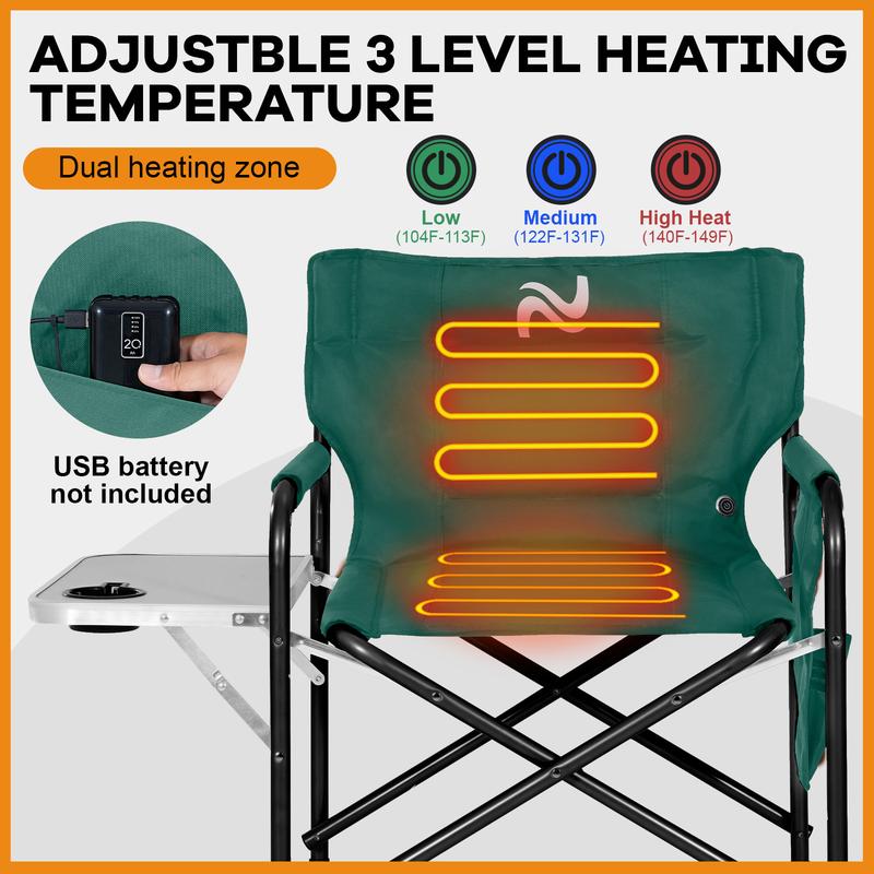 MOPHOTO Oversized Directors Chair, Heated Camping Chair Outdoor Portable Heating Folding Chair with Side Table, Pocket for Camping, Lawn, Sports