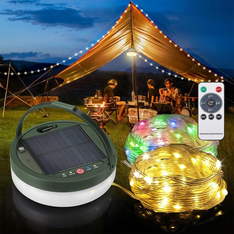 Solar Camping String Lights, 39.4Ft Ultra Long String with 150LEDs, Solar Powered and USB Rechargeable Light with Remote Control,Portable Camping Light for Hiking, Decorations