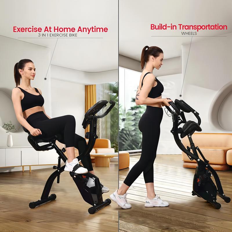 Relifesports 3-in-1 Folding Exercise Bike for Home lndoor Cycling Bicycles Fitness Cardio Workout,Foldable Stationary Bike with Arm Resistance Band