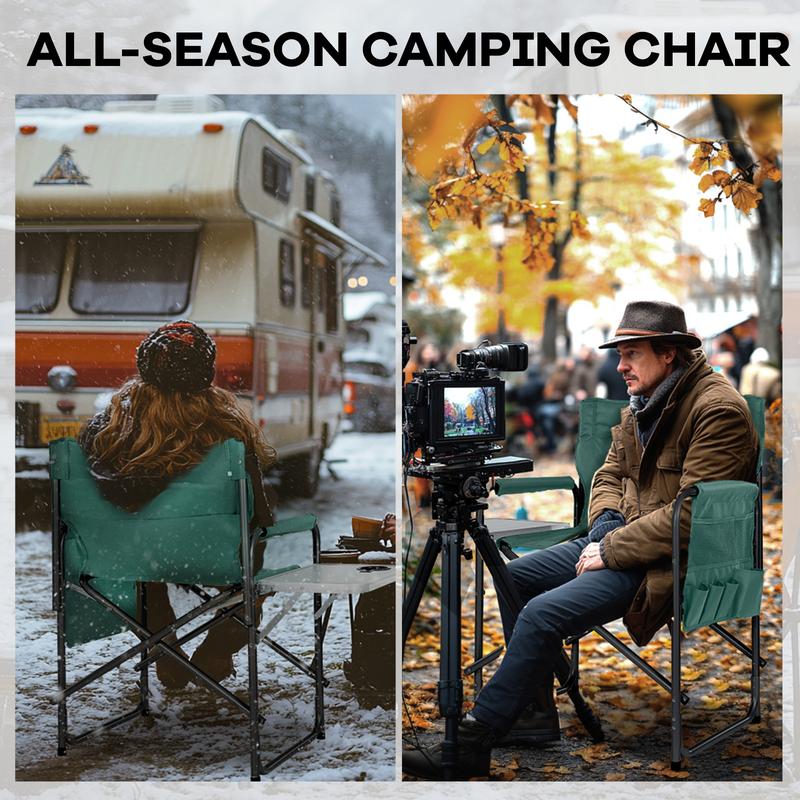 MOPHOTO Oversized Directors Chair, Heated Camping Chair Outdoor Portable Heating Folding Chair with Side Table, Pocket for Camping, Lawn, Sports