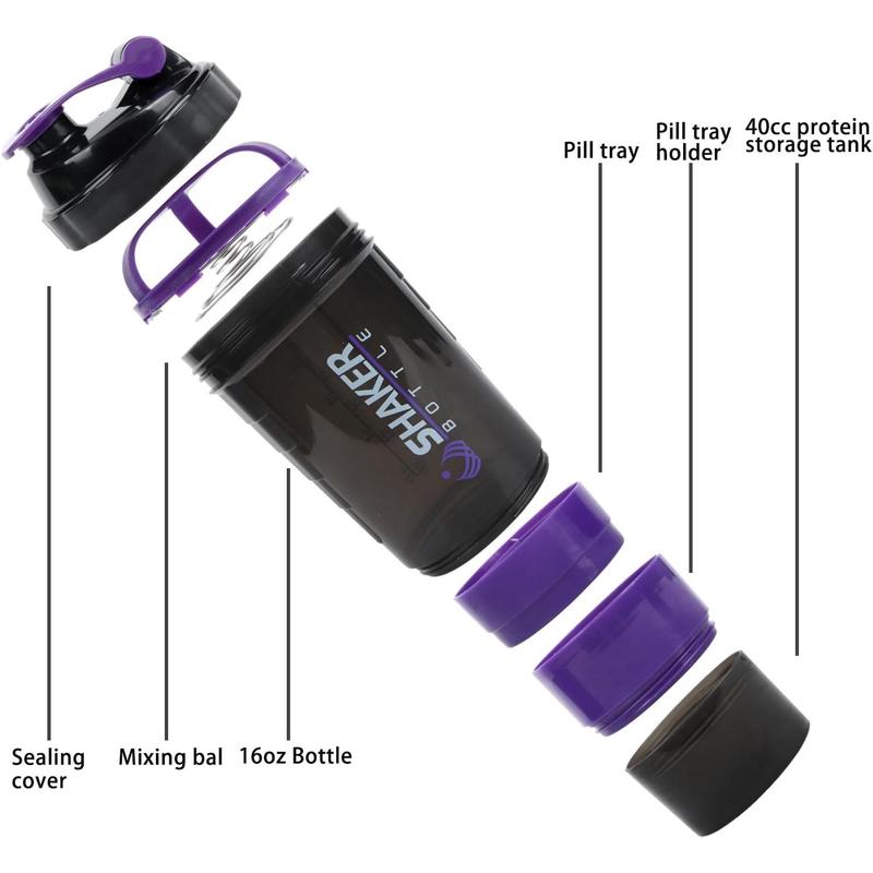 Shaker Bottle - Protein Shaker Cup with Storage Compartments - Leak-proof Workout Shake Bottles with Mixer for Smooth Mixing-500ML 16oz (PURPLE & BLACK)