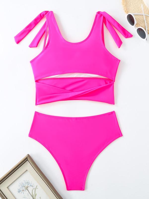 Two-Piece Set Women's Twist Cut Out Tankini Top & High Waist Swim Panty Set, Tankini Swimsuits Sets Bathing Suits for Women Summer Tummy Control Swimwear 2024, Solid Scoop Neck Tie Shoulder Crop Swim Top & Swim Bottom, Ladies Summer Swimwear for Vacation