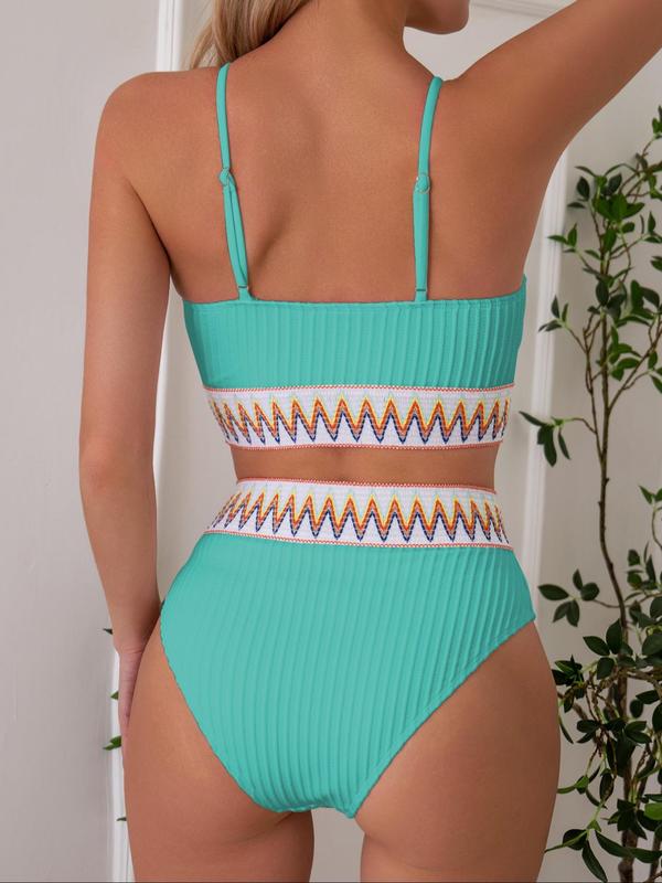 Two-Piece Set Women's Summer Sexy Textured Contrast Chevron Tape Swimsuit Set, Swimsuit Sets Bathing Suits 2024 Summer Tummy Control Swimwear, Back To School Ribbed Bikini Top & High Waist Swimwear, Summer Outfits 2024, Minimalistic Outfit