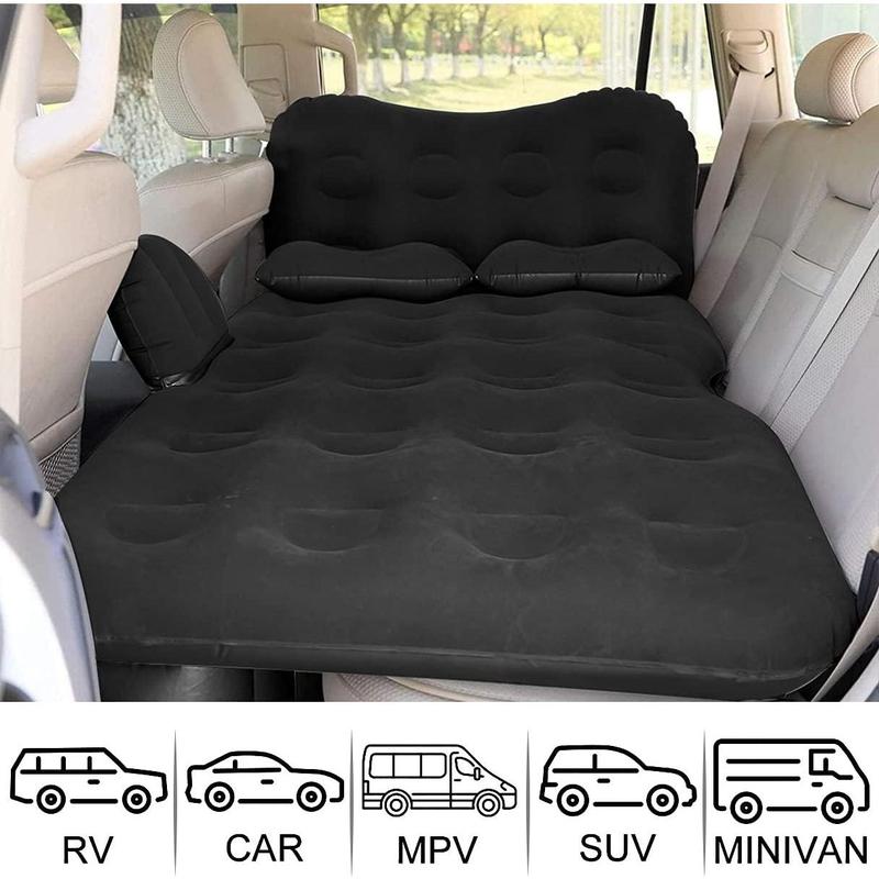 Inflatable Car Air Mattress Travel Bed - Thickened Camping Bed Sleeping Pad with Car Air Pump 2 Pillows for Car Tent SUV Sedan Pickup Back Seat - Black