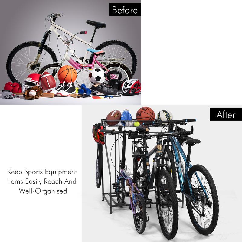 Bike Rack for Garage Floor,Bike Bicycle Floor Parking Stands for Mountain, Hybrid or Kids Bikes, Free Standing Bike Holder with Adjustable Bike Slot, 3 Bike Stands and 6 Hooks, Sports Storage Station
