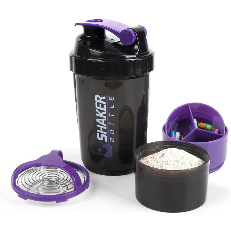 Shaker Bottle - Protein Shaker Cup with Storage Compartments - Leak-proof Workout Shake Bottles with Mixer for Smooth Mixing-500ML 16oz (PURPLE & BLACK)