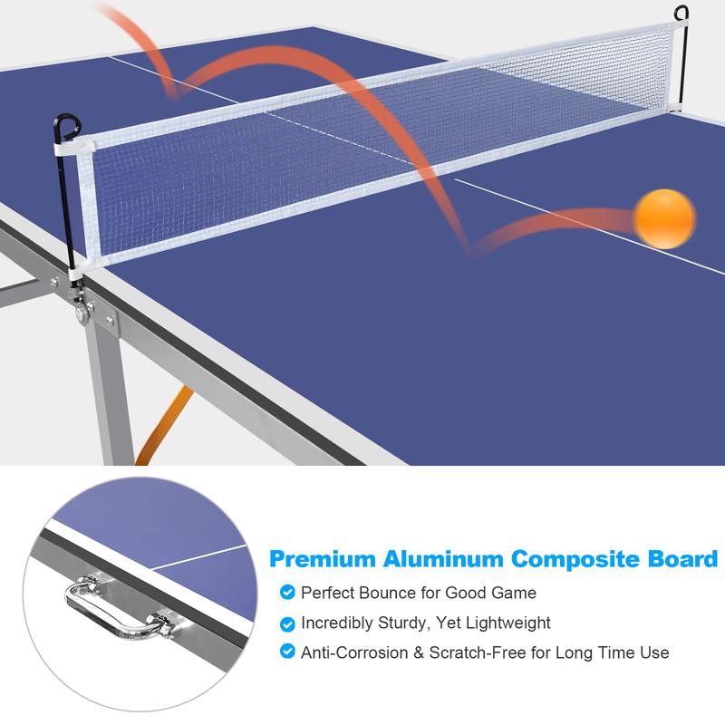 9ft Mid-Size Table Tennis Table Foldable & Portable Ping Pong Table Set for Indoor & Outdoor Games with Net, 2 Table Tennis Paddles and 3 Balls