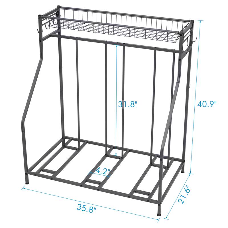 Bike Rack for Garage Floor,Bike Bicycle Floor Parking Stands for Mountain, Hybrid or Kids Bikes, Free Standing Bike Holder with Adjustable Bike Slot, 3 Bike Stands and 6 Hooks, Sports Storage Station