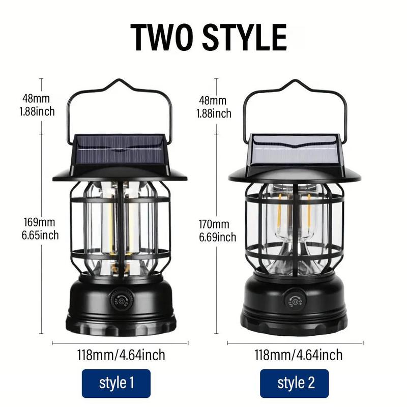 Outdoor LED Solar Camping Lantern, Vintage Camping Light with Knob Dimmable, Portable Tent Light with Hook, Outdoor Table Lamp for Camping, Tenting