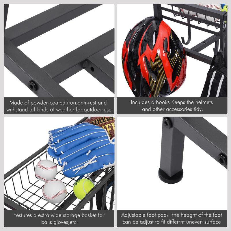 Bike Rack for Garage Floor,Bike Bicycle Floor Parking Stands for Mountain, Hybrid or Kids Bikes, Free Standing Bike Holder with Adjustable Bike Slot, 3 Bike Stands and 6 Hooks, Sports Storage Station