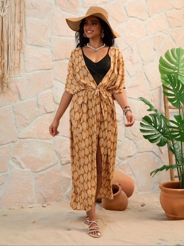 Plus Size All Over Leaf Print Belted Tie Front Kimono, Casual Batwing Sleeve Kimono, Women's Swimwear for All Seasons Beach Vacation Holiday