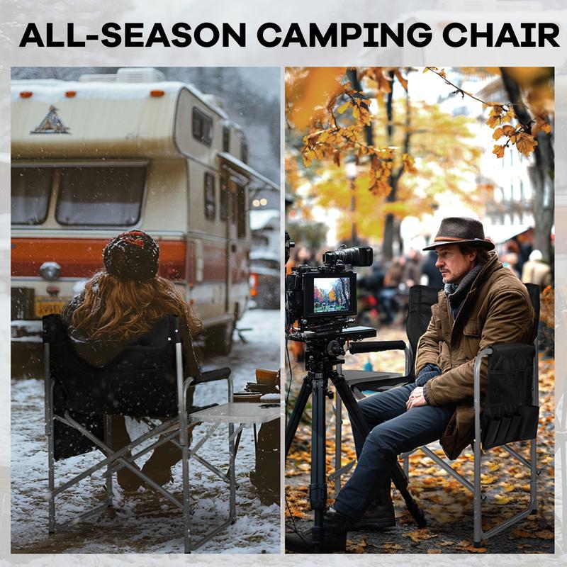 LILYPELLE Oversized Heated Director Camping Chair, Portable Directors Chair with 3 Heat Levels, Heavy Duty Outdoor Heating Folding Chair Camp Chairs with Side Table, Pocket for Camping, Fishing, Picnic, Lawn