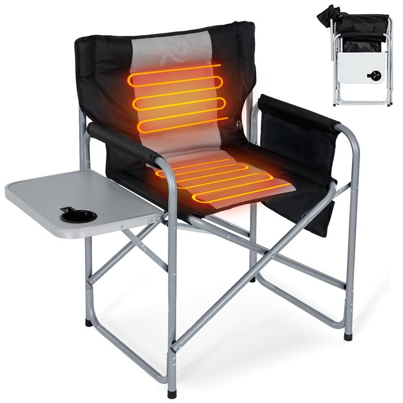 MOPHOTO Oversized Directors Chair, Heated Camping Chair Outdoor Portable Heating Folding Chair with Side Table, Pocket for Camping, Lawn, Sports