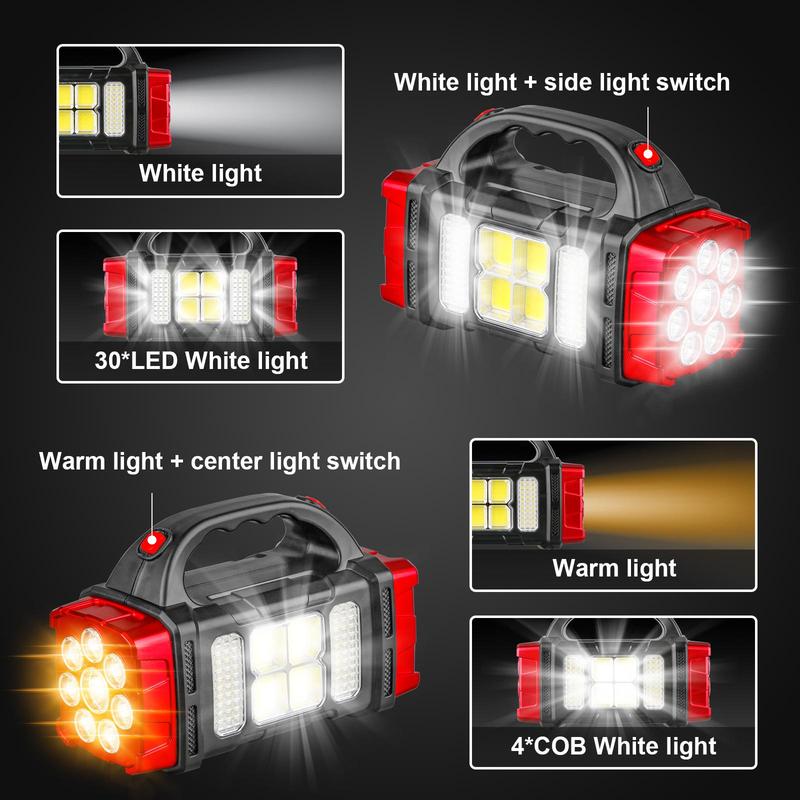 Portable Solar Powered LED Camping Lantern, 4 Light Modes USB Rechargeable Camping Flashlight for Men, Portable Search Light, Lightweight LED Lights with Handle, Waterproof Search Lamp for Hiking