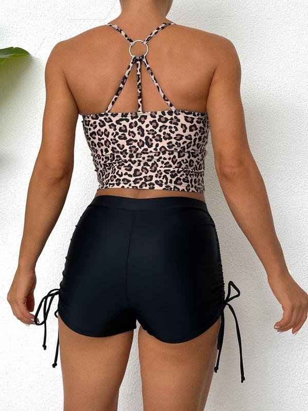 Two-Piece Set Women's Floral Print Drawstring Waist Tankini Sets, Ring Linked Swim Crop Tank Top & High Waist Swim Shorts, Bathing Suits, Summer Outfits 2024, Tummy Control Swimsuit for Women, Back To School Outfits, Black Girl Outfits