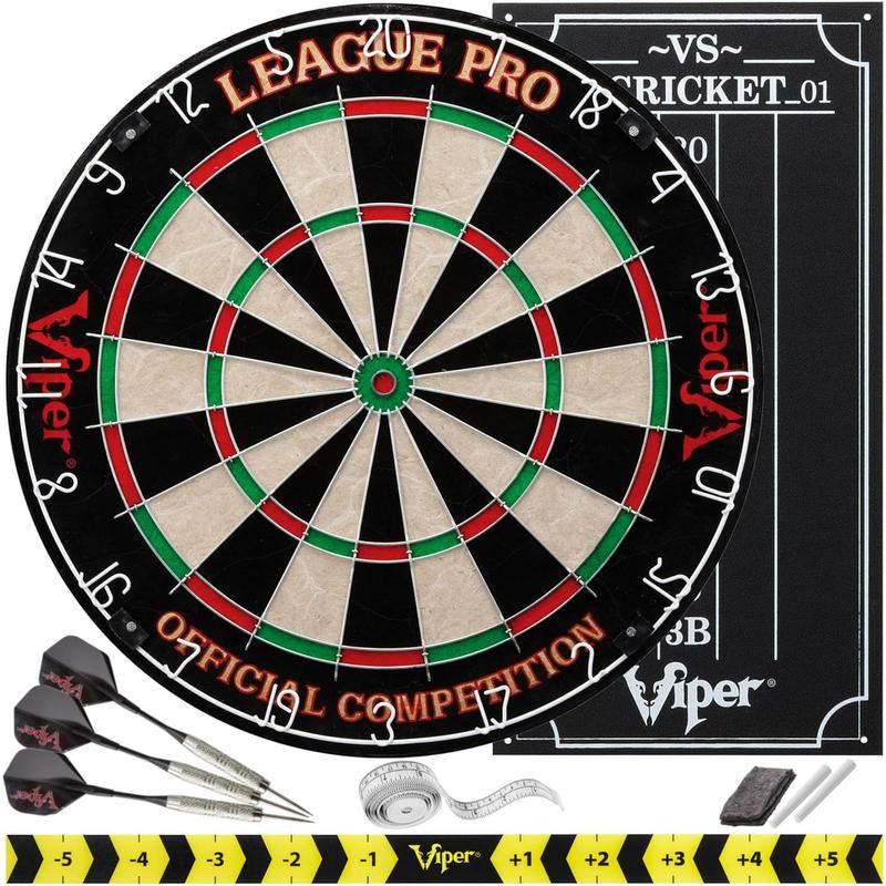 Vip League Pro Regulation Bristle Steel Tip Dartboard Starter Set with Staple-Free Bullseye, Radial Spider Wire, High-Grade Sisal with Rotating Number Ring, Chalk Cricket Scoreboard, Steel Tip Darts