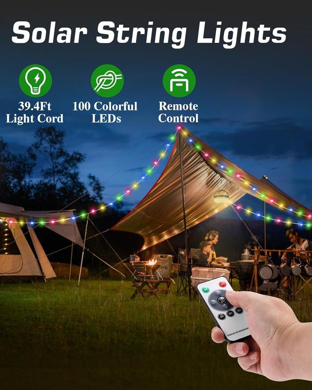 Solar Camping String Lights, 39.4Ft Ultra Long String with 150LEDs, Solar Powered and USB Rechargeable Light with Remote Control,Portable Camping Light for Hiking, Decorations