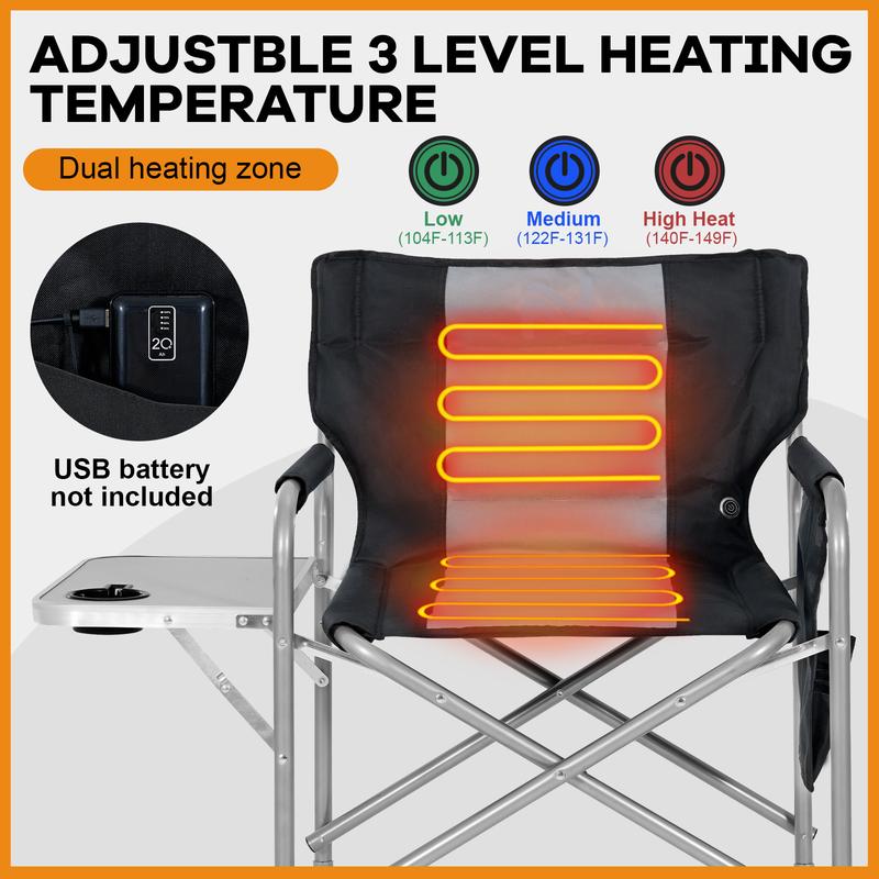 LILYPELLE Oversized Heated Director Camping Chair, Portable Directors Chair with 3 Heat Levels, Heavy Duty Outdoor Heating Folding Chair Camp Chairs with Side Table, Pocket for Camping, Fishing, Picnic, Lawn