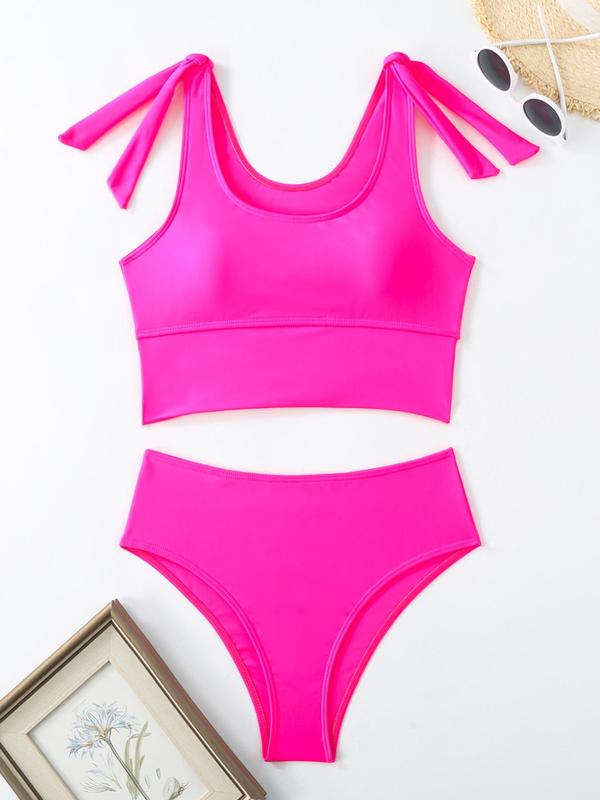 Two-Piece Set Women's Twist Cut Out Tankini Top & High Waist Swim Panty Set, Tankini Swimsuits Sets Bathing Suits for Women Summer Tummy Control Swimwear 2024, Solid Scoop Neck Tie Shoulder Crop Swim Top & Swim Bottom, Ladies Summer Swimwear for Vacation