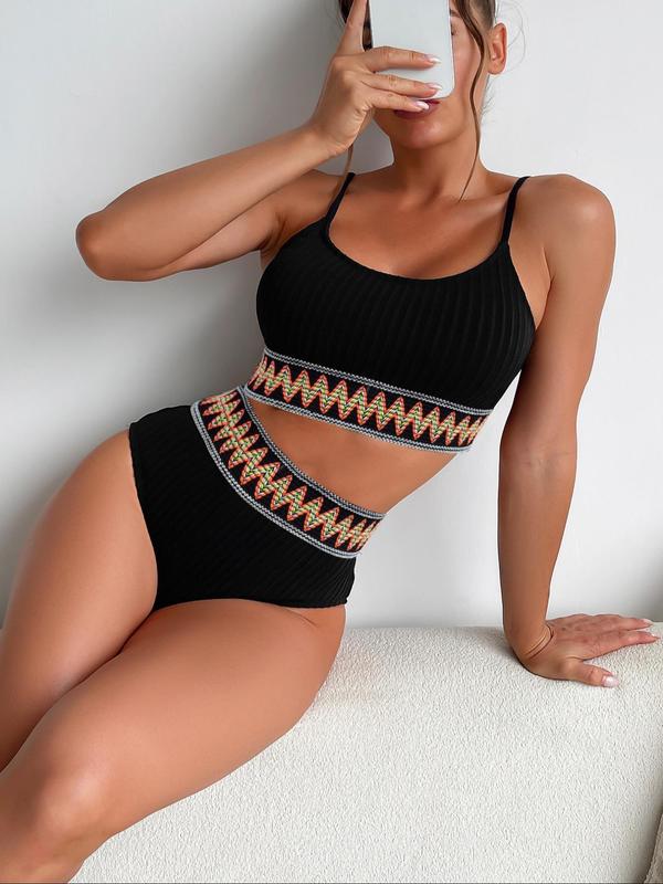 Two-Piece Set Women's Summer Sexy Textured Contrast Chevron Tape Swimsuit Set, Swimsuit Sets Bathing Suits 2024 Summer Tummy Control Swimwear, Back To School Ribbed Bikini Top & High Waist Swimwear, Summer Outfits 2024, Minimalistic Outfit