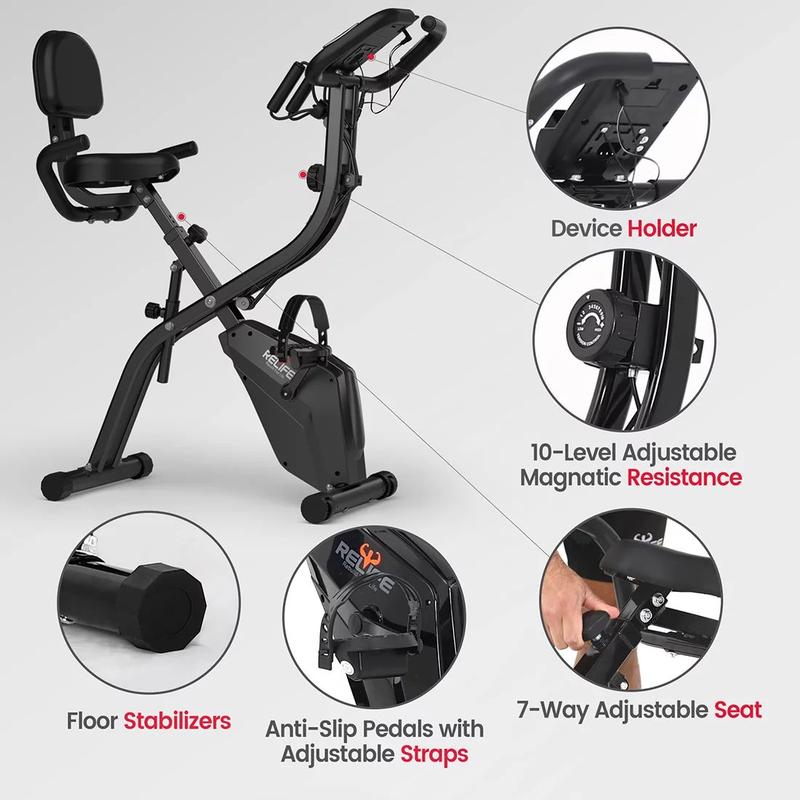 Relifesports 3-in-1 Folding Exercise Bike for Home lndoor Cycling Bicycles Fitness Cardio Workout,Foldable Stationary Bike with Arm Resistance Band