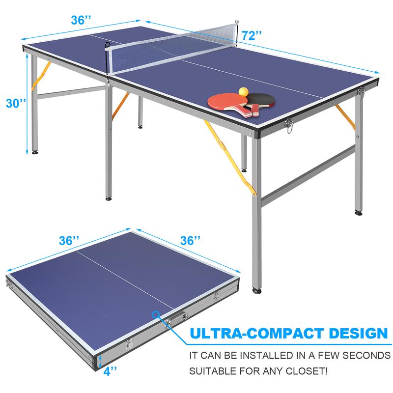 9ft Mid-Size Table Tennis Table Foldable & Portable Ping Pong Table Set for Indoor & Outdoor Games with Net, 2 Table Tennis Paddles and 3 Balls