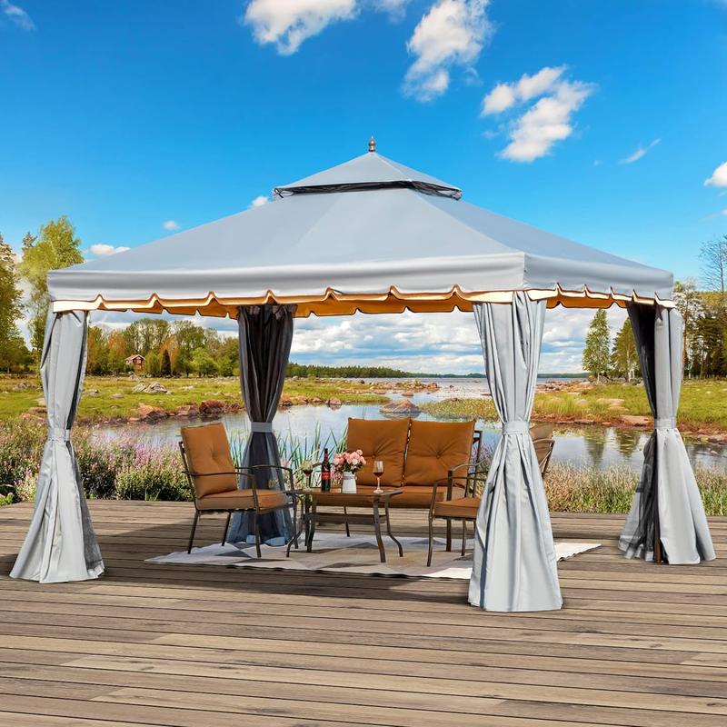 Outdoor Canopy Gazebo,Party Tent,Canopy Tent Cover, Double Roof Patio Gazebo Steel Frame with Netting and Shade Curtains for Garden, Patio, Party Canopy, Grey  patiofurniture