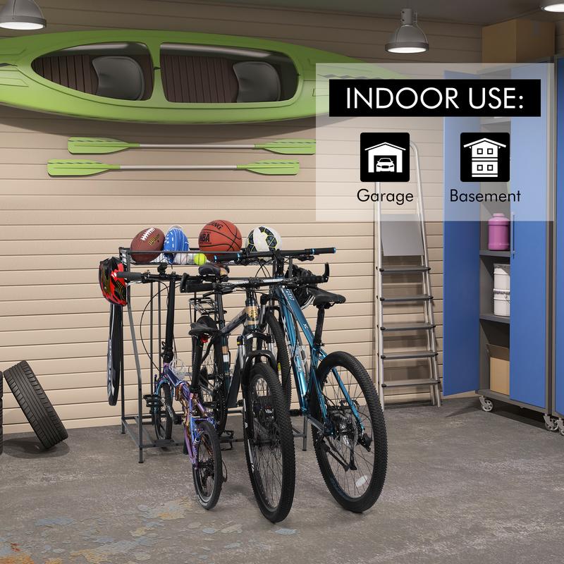 Bike Rack for Garage Floor,Bike Bicycle Floor Parking Stands for Mountain, Hybrid or Kids Bikes, Free Standing Bike Holder with Adjustable Bike Slot, 3 Bike Stands and 6 Hooks, Sports Storage Station