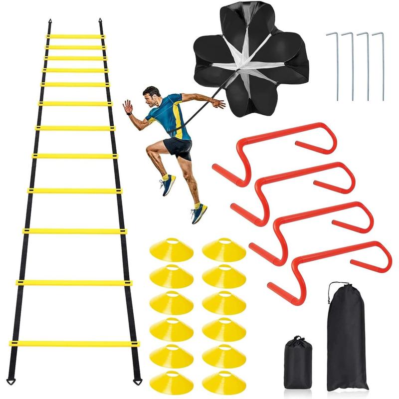 Speed & Agility Ladder Training Equipment Set, Includes 12 Rung 20ft Agility Ladder, 4 Agility Hurdles,12 Disc Cones, 1 Resistance Parachute for Training Football Soccer Basketball Athletes