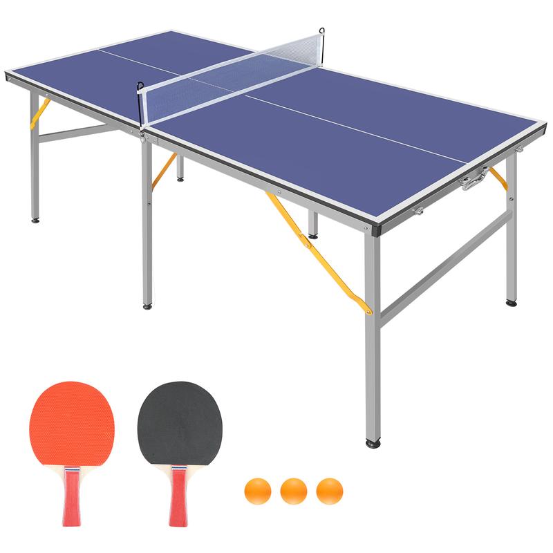 9ft Mid-Size Table Tennis Table Foldable & Portable Ping Pong Table Set for Indoor & Outdoor Games with Net, 2 Table Tennis Paddles and 3 Balls