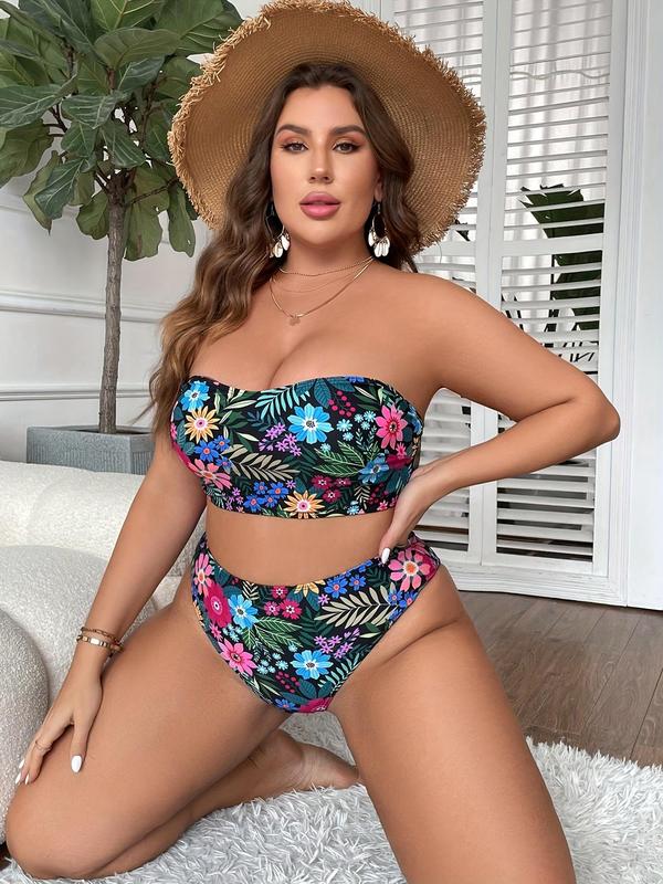 Plus Size Floral Leaf Print Bikinis Set, Backless Swim Tube Top & High Waist Swim Panty, Summer Bathing Suits, Women's Swimwear for Summer