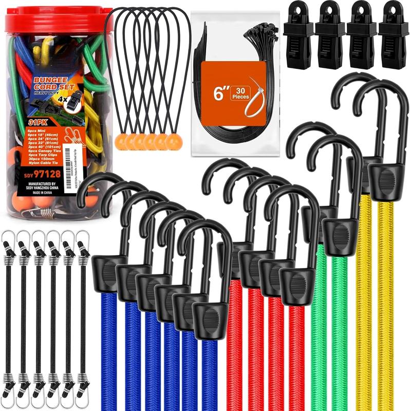 30-Piece Premium Bungee Cords Assortment Jar, Includes 10,18,24,32,40 Bungee Cords, 6 Zip Ties, 8Canopy Tarp Ball Ties and Crocodile Mouth Tarp Clips