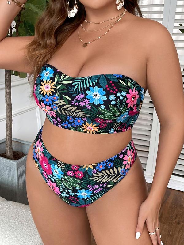 Plus Size Floral Leaf Print Bikinis Set, Backless Swim Tube Top & High Waist Swim Panty, Summer Bathing Suits, Women's Swimwear for Summer