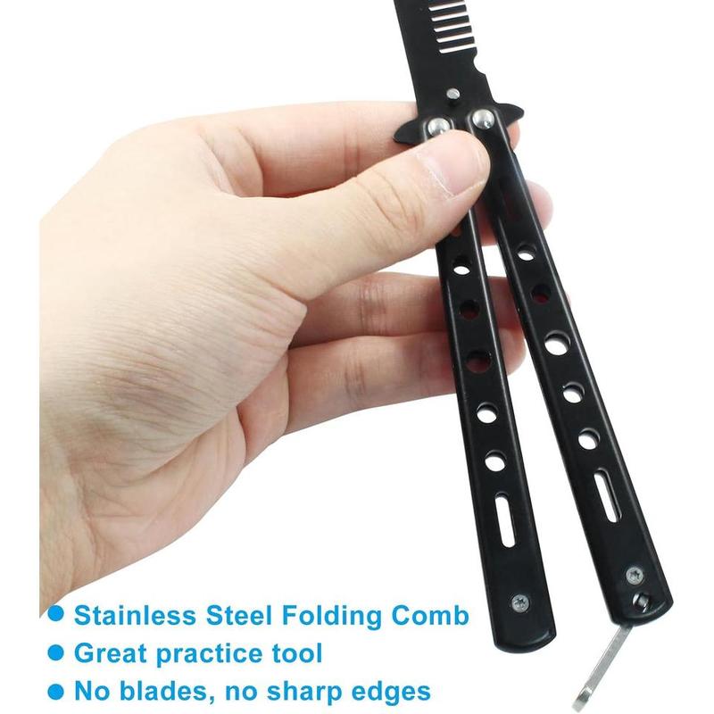 Butterfly Comb - Training Chromatic Black Silver Butterfly Comb Training Practice Folding Comb Stainless Steel Beginners Trainer Martial Arts Practice Tool Outdoor Indoor Camping Tactical