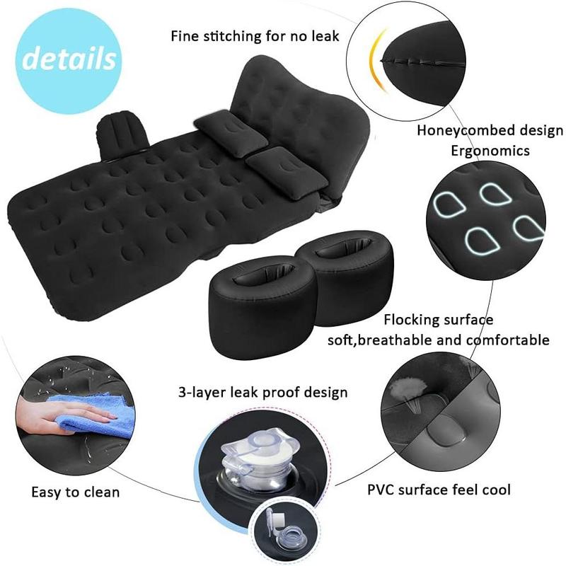 Inflatable Car Air Mattress Travel Bed - Thickened Camping Bed Sleeping Pad with Car Air Pump 2 Pillows for Car Tent SUV Sedan Pickup Back Seat - Black