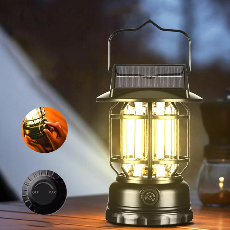 Outdoor LED Solar Camping Lantern, Vintage Camping Light with Knob Dimmable, Portable Tent Light with Hook, Outdoor Table Lamp for Camping, Tenting