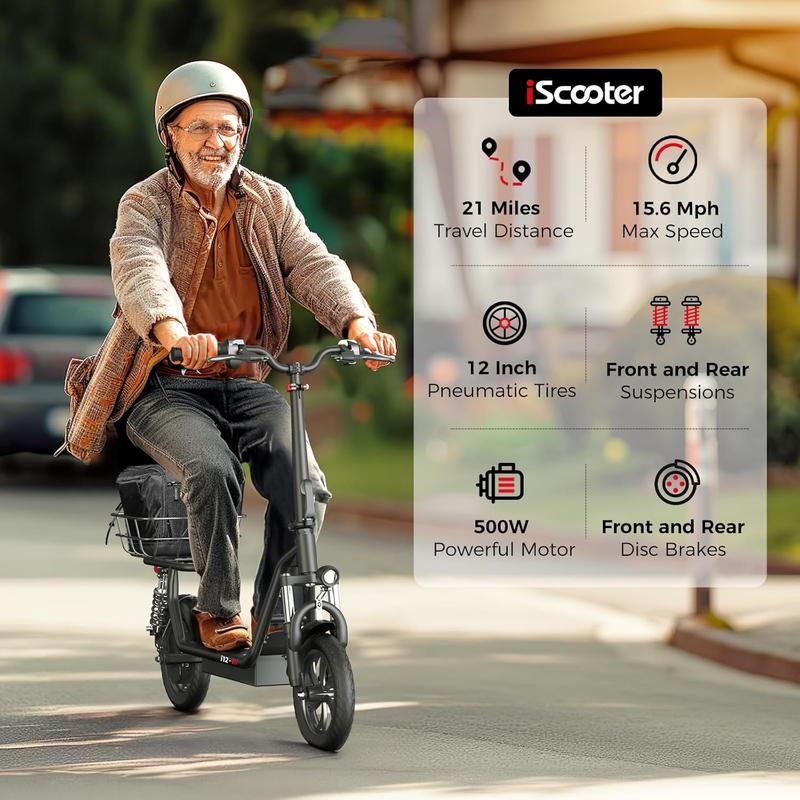 iScooter Electric Scooter with Seat, 34 21 Miles Long Range & 21 15.6 Mph Top Speed, 14