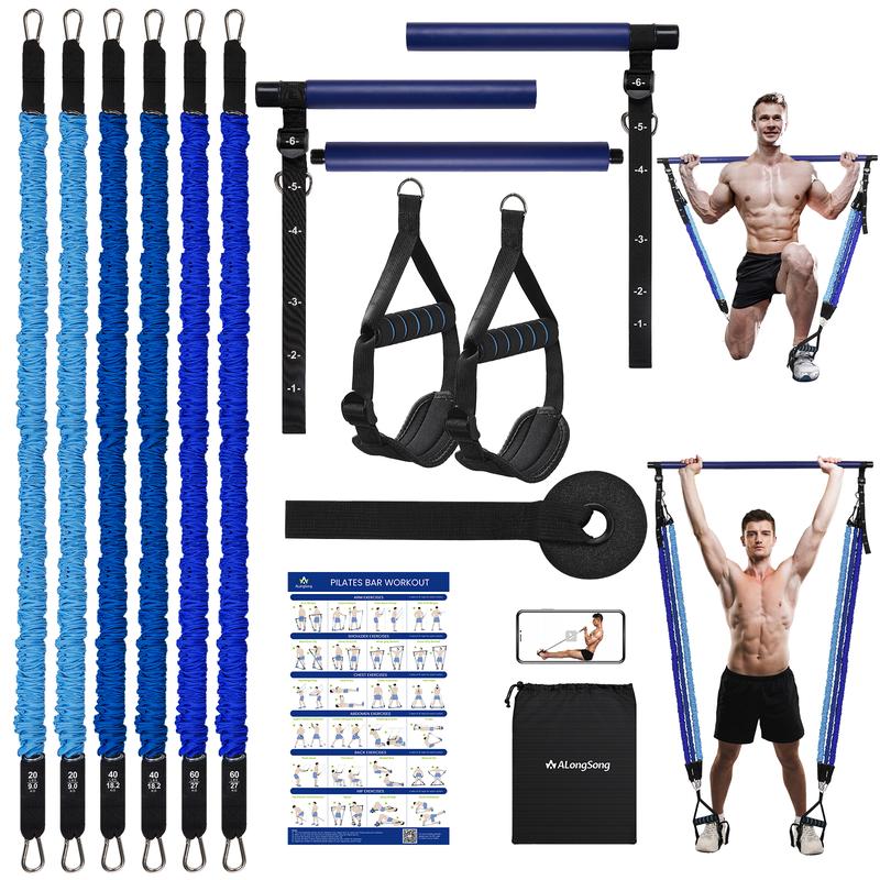 Portable Pilates Bar Kit with Resistance Bands for Men and Women - Pilates Workout Equipment for Legs Upgraded 3 Section Bar Supports Full-Body Workouts (20-60lb Resistance) for Home Gym Use