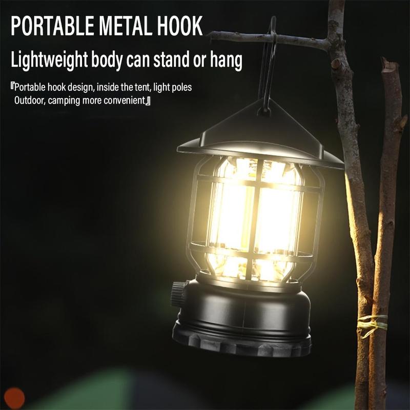 Outdoor LED Solar Camping Lantern, Vintage Camping Light with Knob Dimmable, Portable Tent Light with Hook, Outdoor Table Lamp for Camping, Tenting