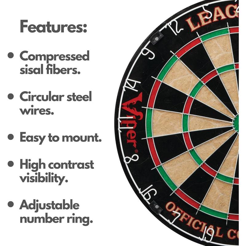 Vip League Pro Regulation Bristle Steel Tip Dartboard Starter Set with Staple-Free Bullseye, Radial Spider Wire, High-Grade Sisal with Rotating Number Ring, Chalk Cricket Scoreboard, Steel Tip Darts