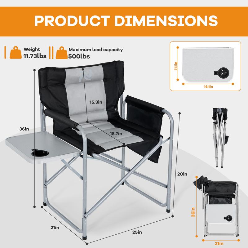 LILYPELLE Oversized Heated Director Camping Chair, Portable Directors Chair with 3 Heat Levels, Heavy Duty Outdoor Heating Folding Chair Camp Chairs with Side Table, Pocket for Camping, Fishing, Picnic, Lawn