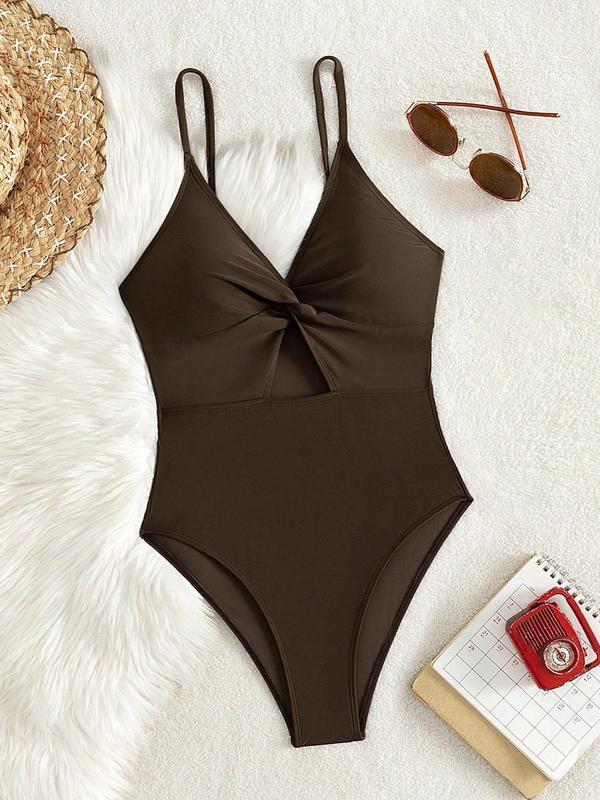 Women's Cut Out Twist Cami One-Piece Swimsuit, Summer Clothes Women, Solid Color Adjustable Spaghetti Strap Swimwear, Ladies Summer Swimsuit for Beach Holiday Vacation