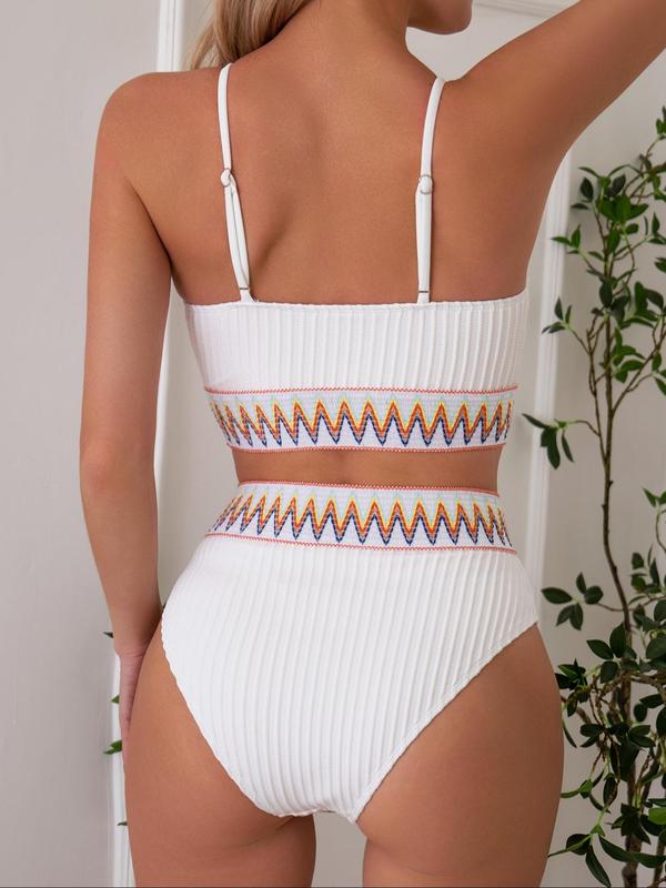 Two-Piece Set Women's Summer Sexy Textured Contrast Chevron Tape Swimsuit Set, Swimsuit Sets Bathing Suits 2024 Summer Tummy Control Swimwear, Back To School Ribbed Bikini Top & High Waist Swimwear, Summer Outfits 2024, Minimalistic Outfit