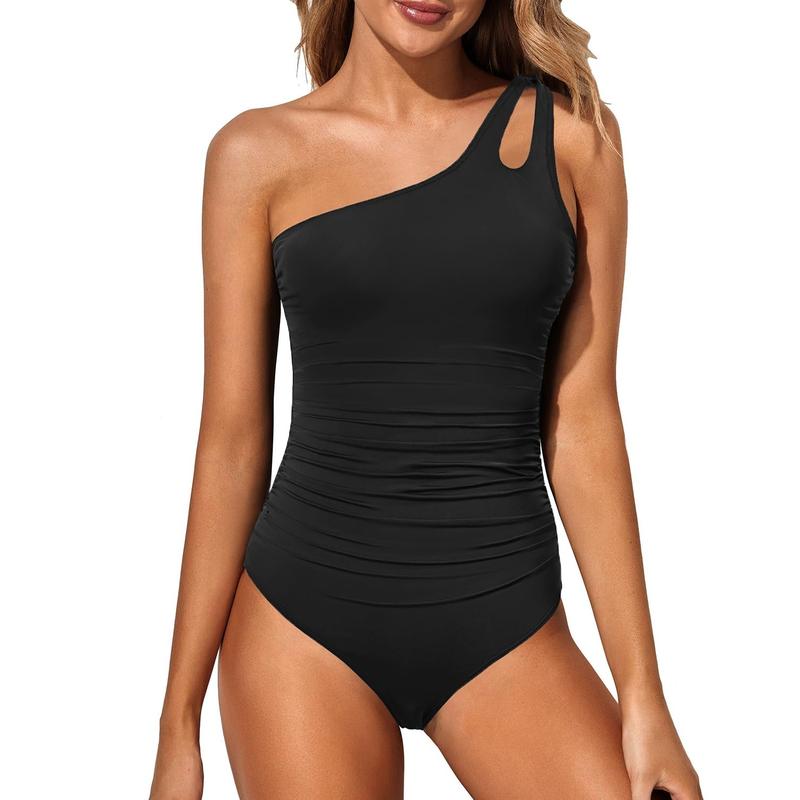 Holipick One Shoulder One Piece Swimsuit for Women Tummy Control Bathing Suits Modest Full Coverage Keyhole Swimwear