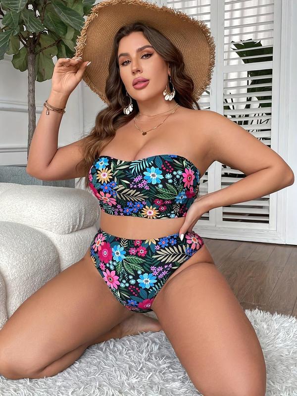 Plus Size Floral Leaf Print Bikinis Set, Backless Swim Tube Top & High Waist Swim Panty, Summer Bathing Suits, Women's Swimwear for Summer