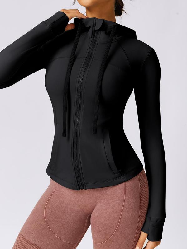 Sporty Women's Solid Color Thumb Hole Zip Up Drawstring Hooded Jacket, Sport Long Sleeve Pocket Outerwear for Yoga Gym Workout, Sports Sauna Jacket, Ladies Sportswear for All Seasons