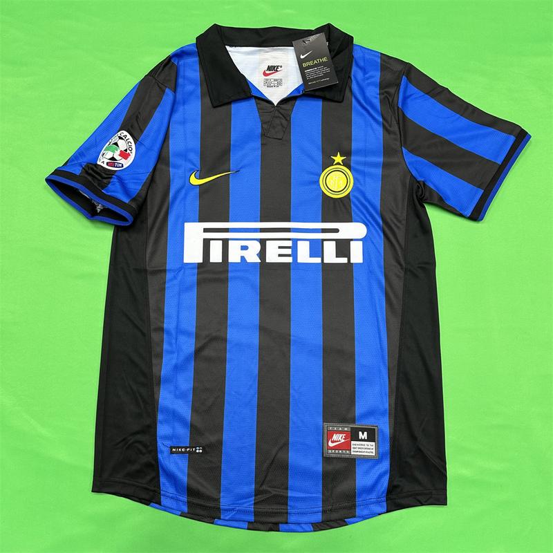 Nike 9899 Inter Milan Home Classic Vintage Jersey Blue and Black Stripe Short Sleeve Top  Renaldo No.9 Football Jersey Quick Drying Ronaldo Luiz Nazario De Lima