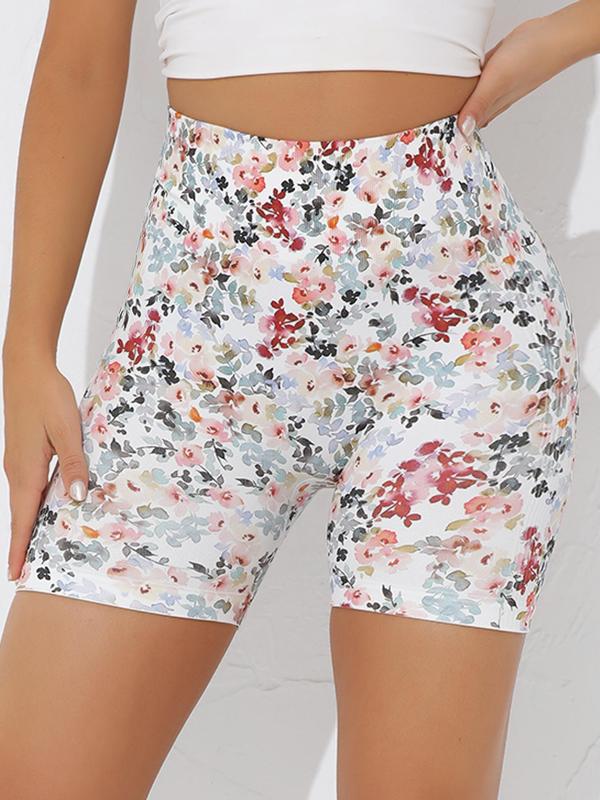 Sporty Women's Ditsy Floral Print High Waist Skinny Sports Shorts, Gym Shorts, Casual Comfy Breathable Seamless Short Leggings for Yoga Gym Workout Running, Ladies Sportswear for Summer