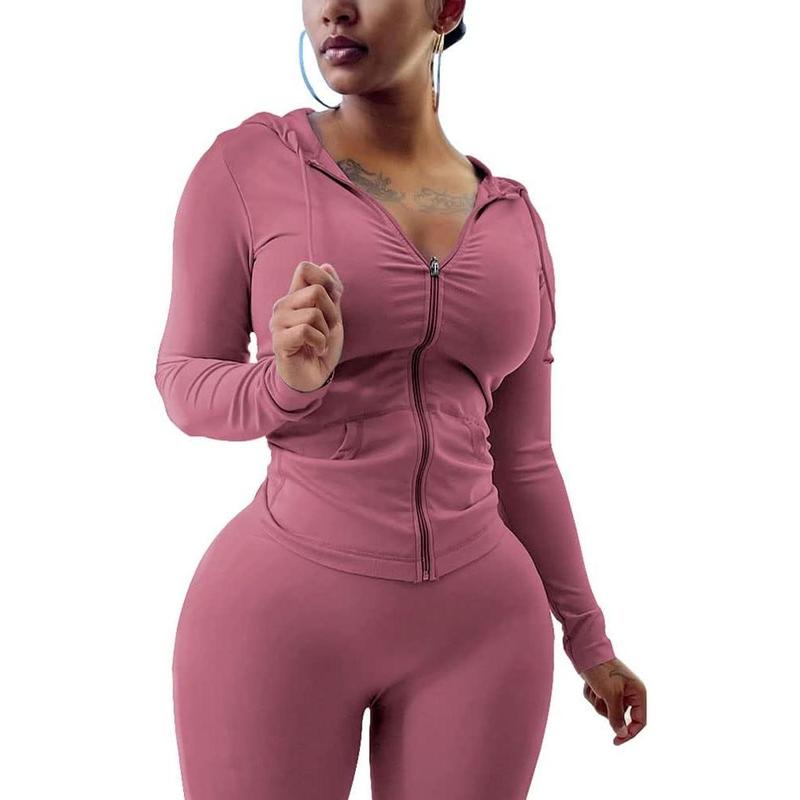 Women Two Outfits Workout Sets Bodycon Tracksuit Long Sleeve Zip Up Hoodie Jacket Jogger Matching Sweat Pants Set